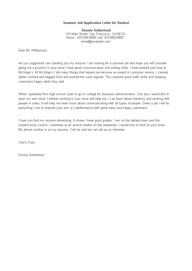 summer job application letter for student modèles