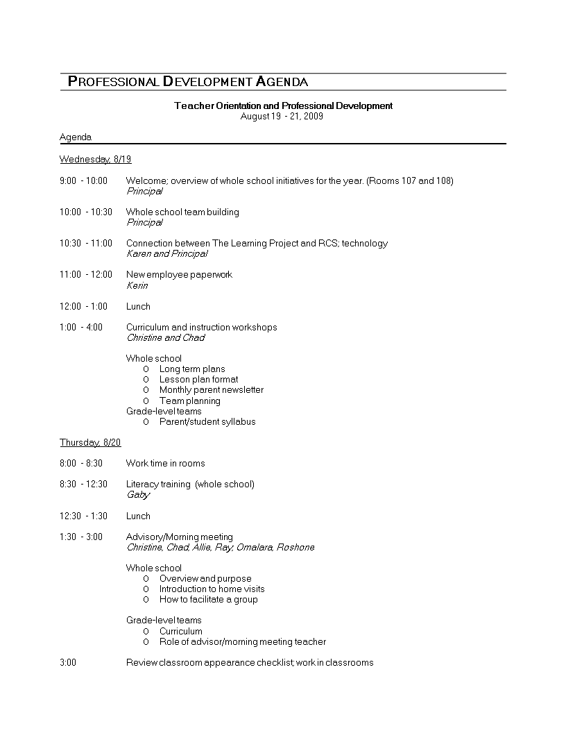 professional development agenda template