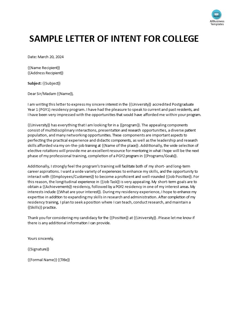letter of interest for college template