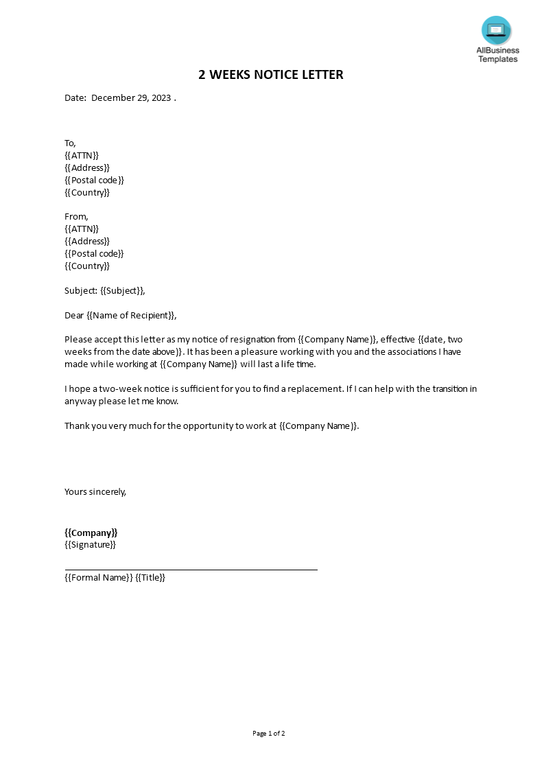 two weeks notice email template