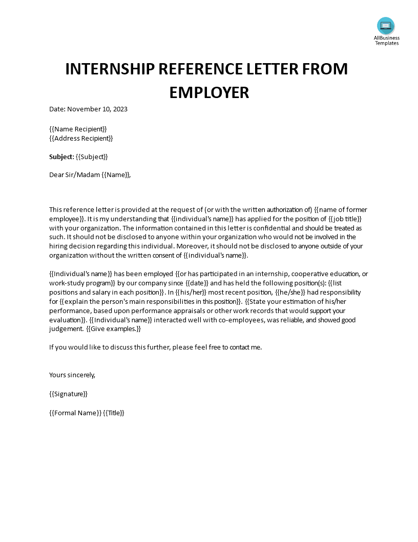 internship reference letter from employer template