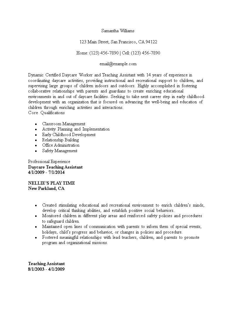 certified daycare teacher assistant resume template modèles