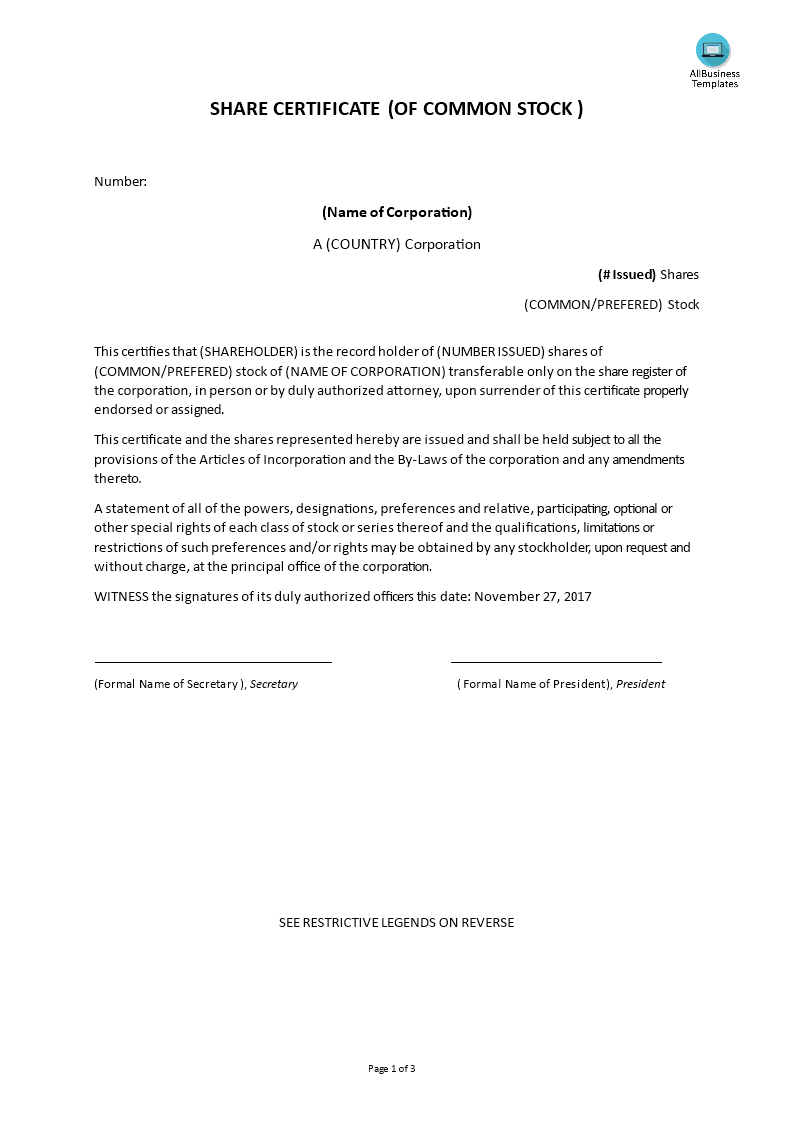 Share Certificate Of Common Stock  Templates at Intended For Template For Share Certificate