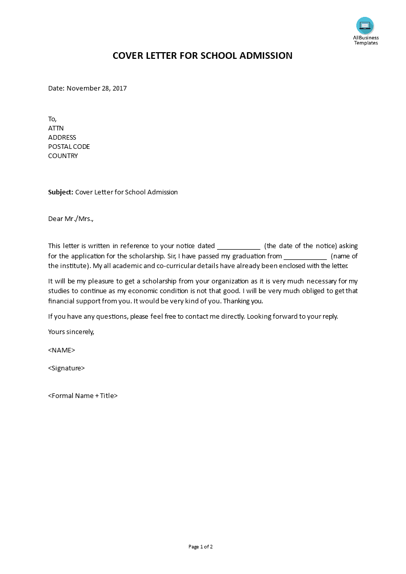 School Admission Cover Letter | Templates at ...