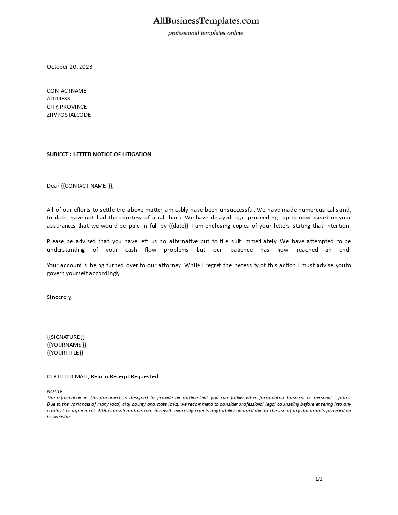 formal notice of litigation letter template