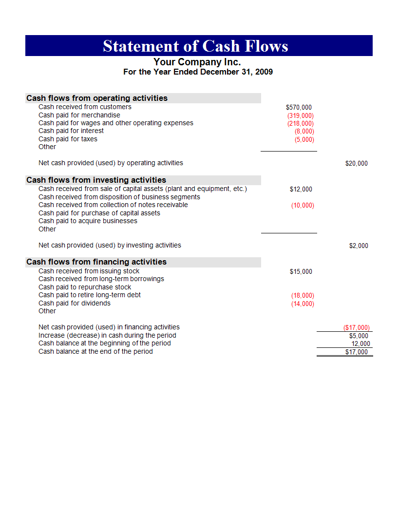 Cash flow statement format 模板