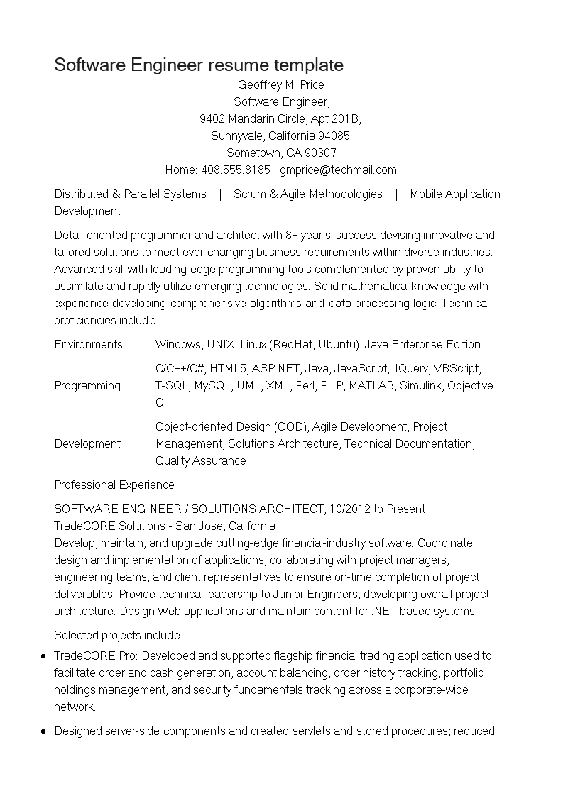 software engineering resume example template