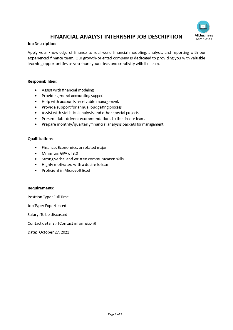 financial analyst internship job description modèles