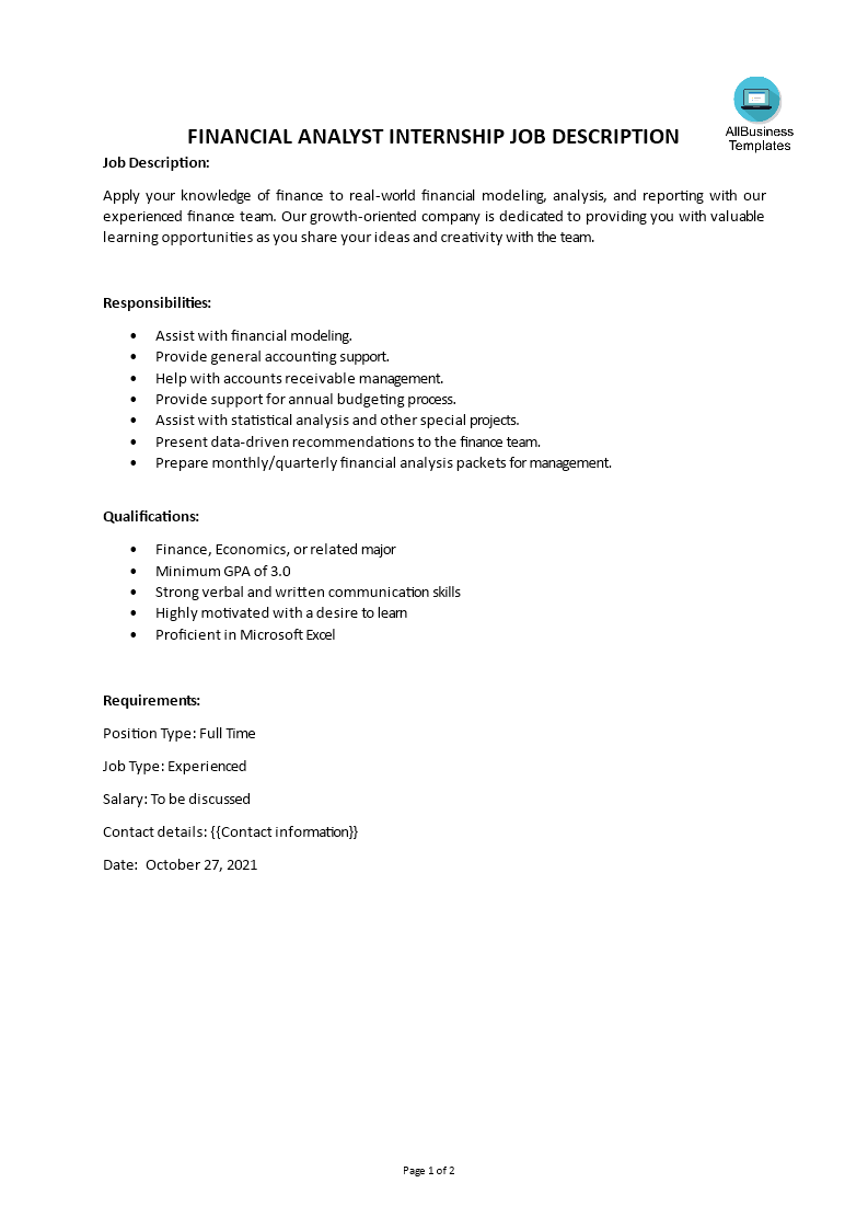 financial analyst internship job description voorbeeld afbeelding 