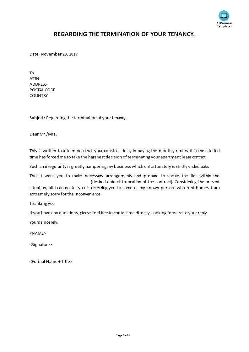 tenancy termination letter template