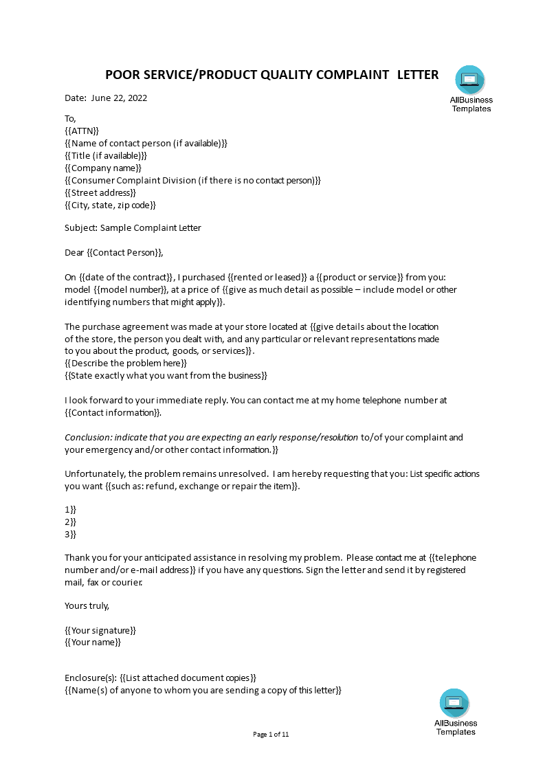 professional complaint letter template