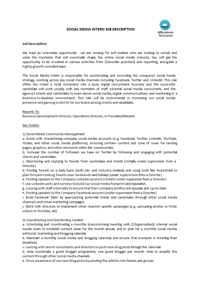 social media intern job description template