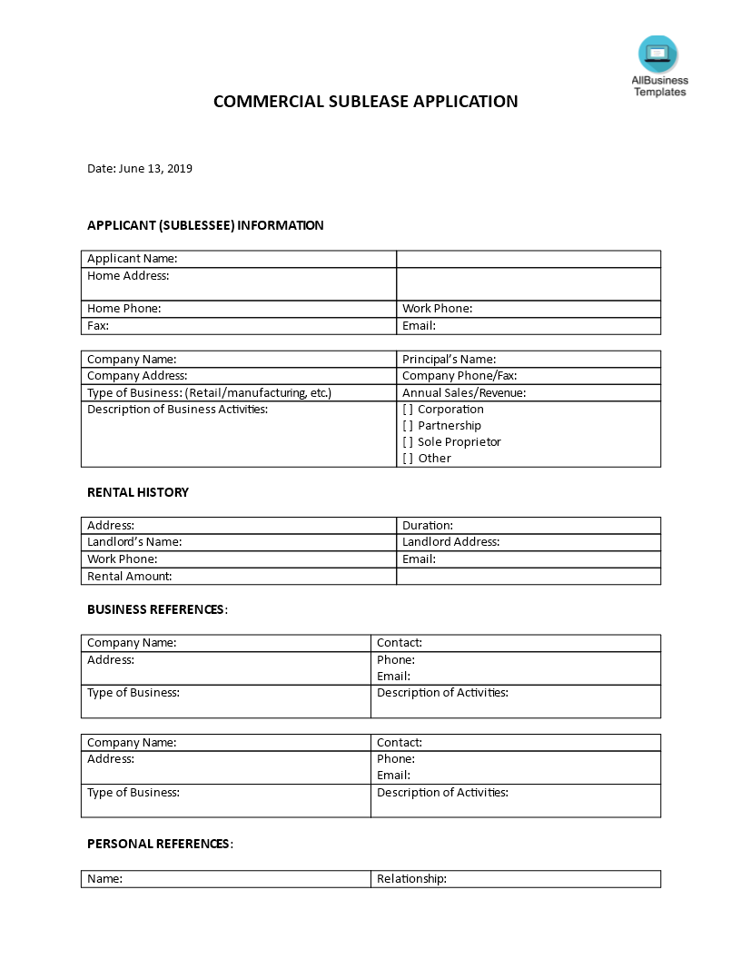 Sublease Application Form main image