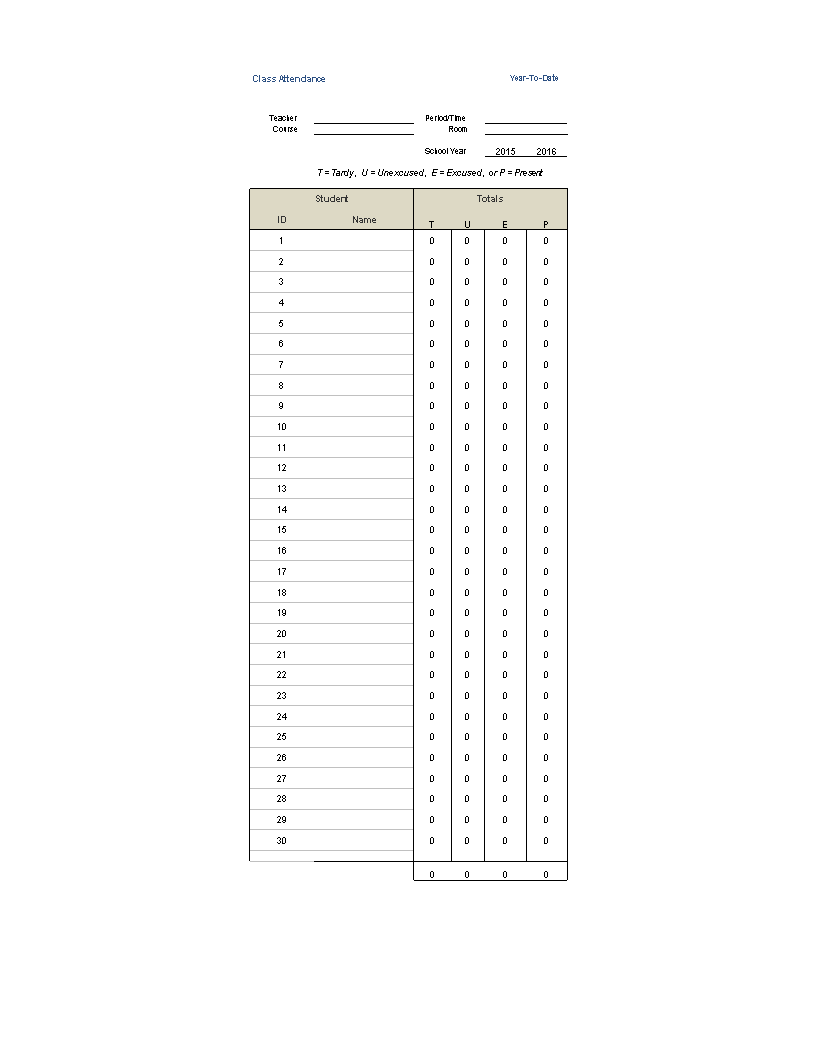 Class Attendance List Excel 模板