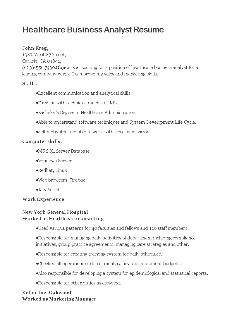 Free Healthcare Business Analyst Cv Template Templates At