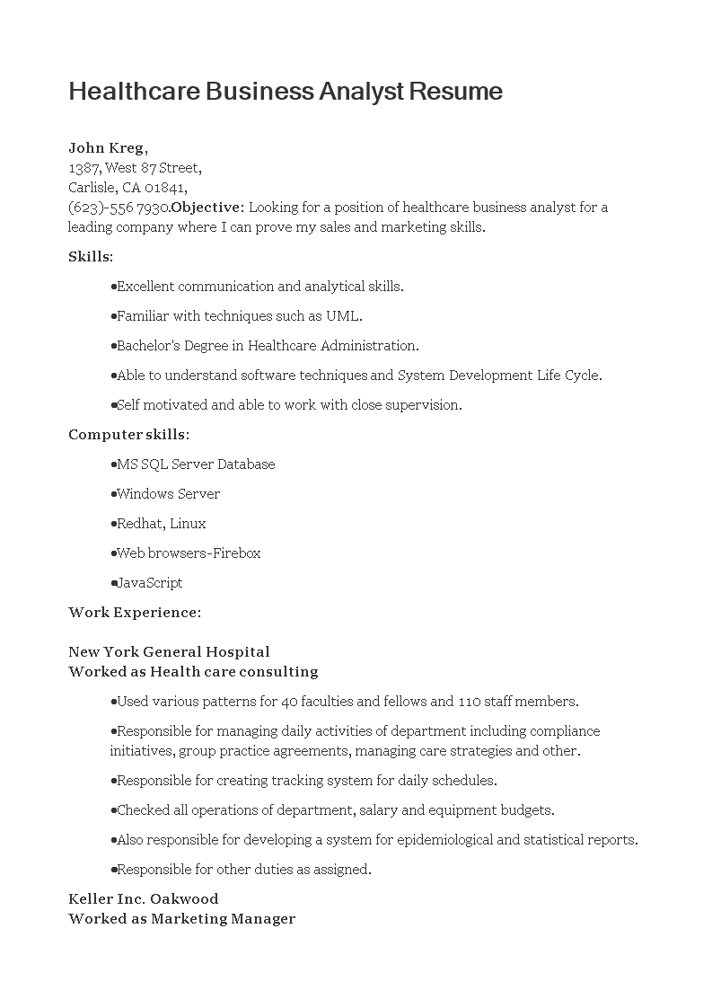 Healthcare Business Analyst CV template 模板