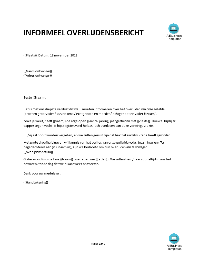 Persoonlijk overlijdensbericht 模板