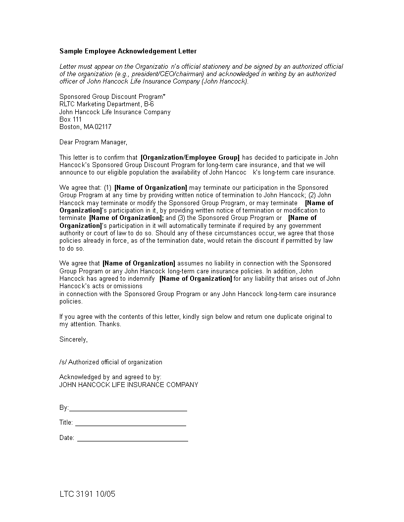 employee acknowledgement letter format modèles