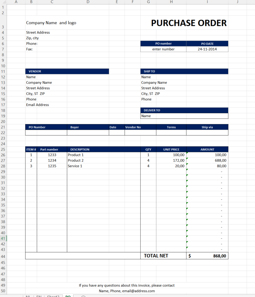 purchase order excel template