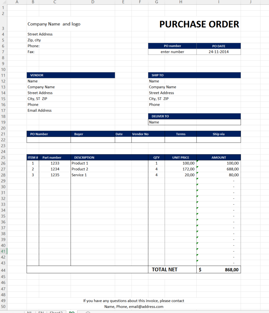 purchase order excel modèles