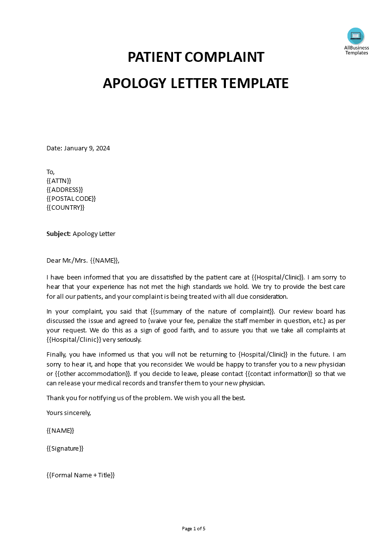 Patient Complaint Apology Letter  Templates at