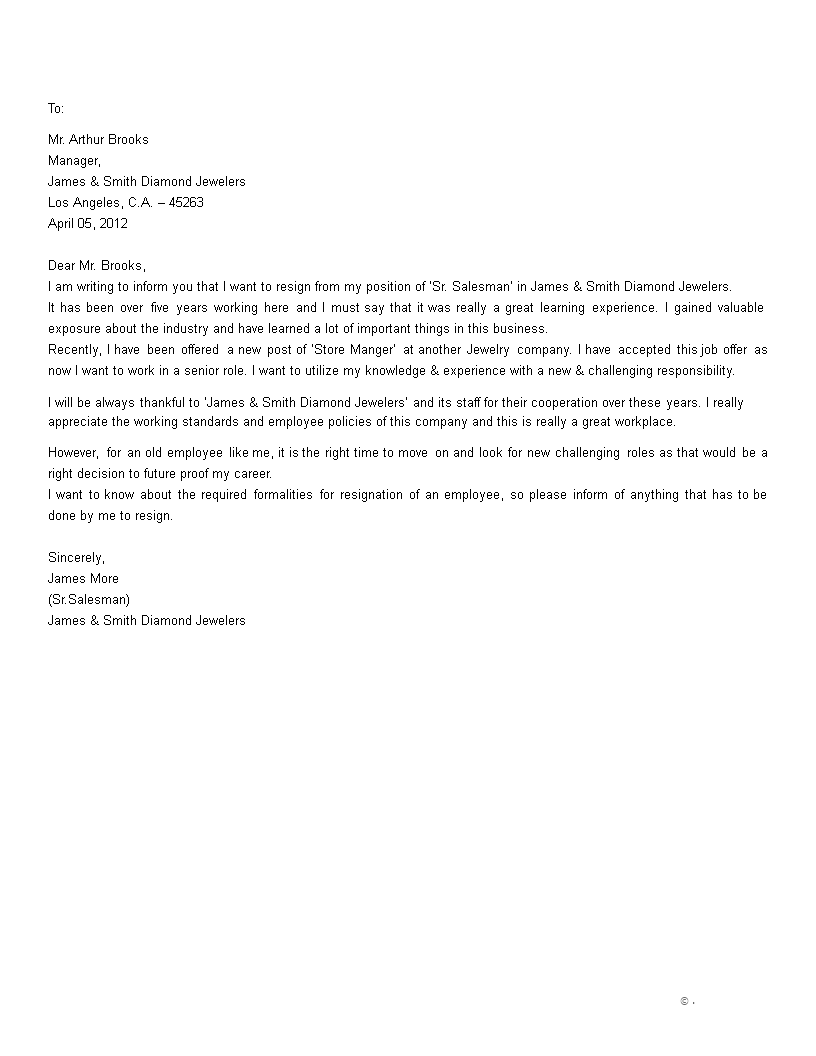 resignation letter for retail store manager template