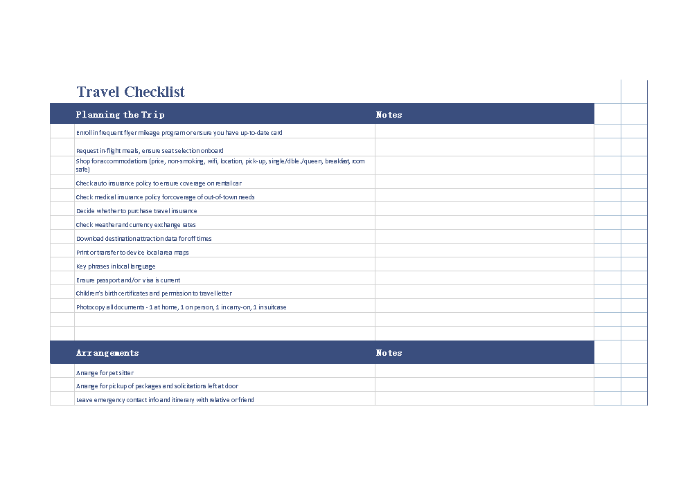 travel checklist in excel voorbeeld afbeelding 