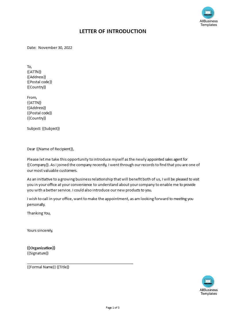 Letter of Introduction | Templates at allbusinesstemplates.com