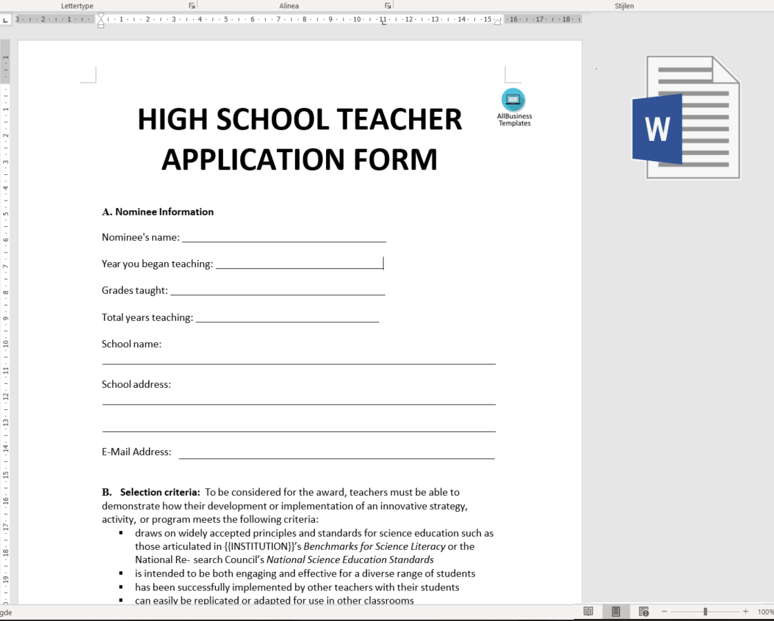 high school teacher job application form voorbeeld afbeelding 