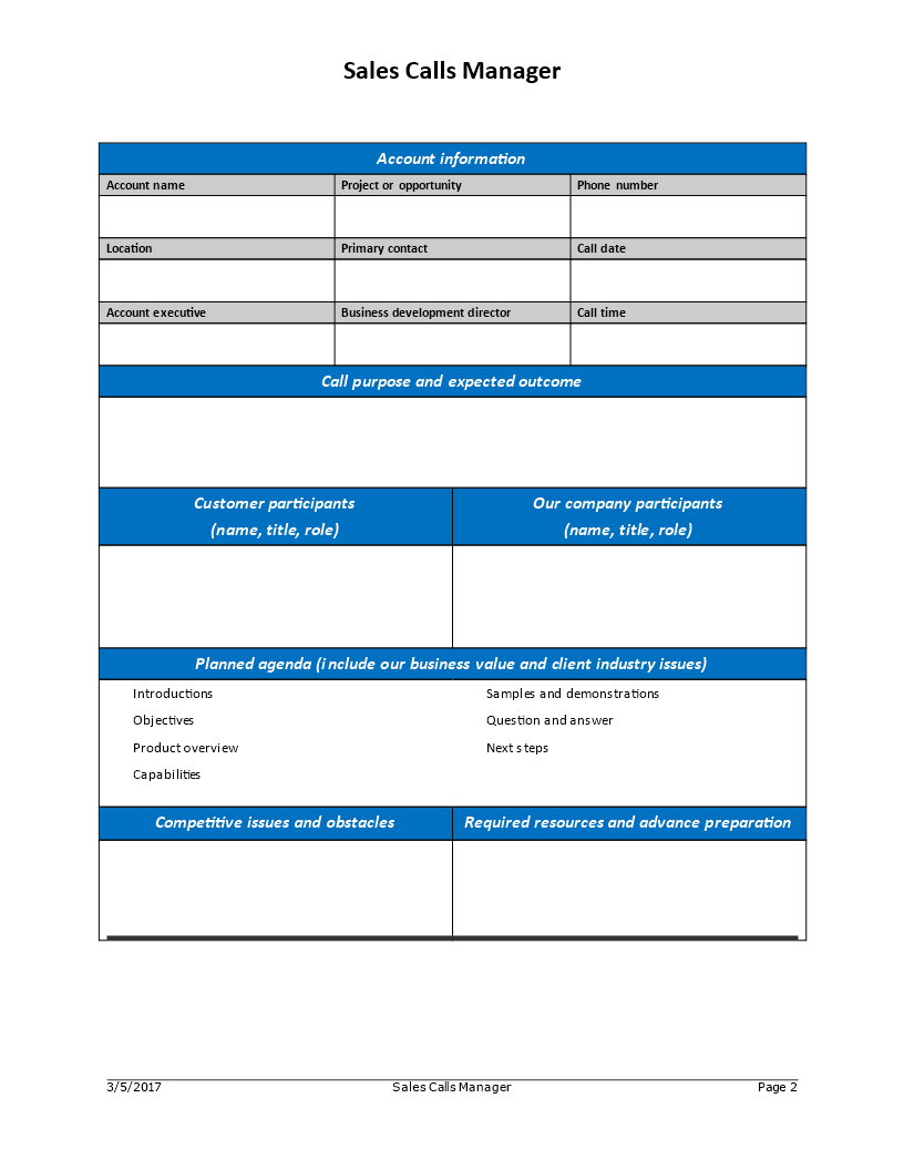 sales calls manager template