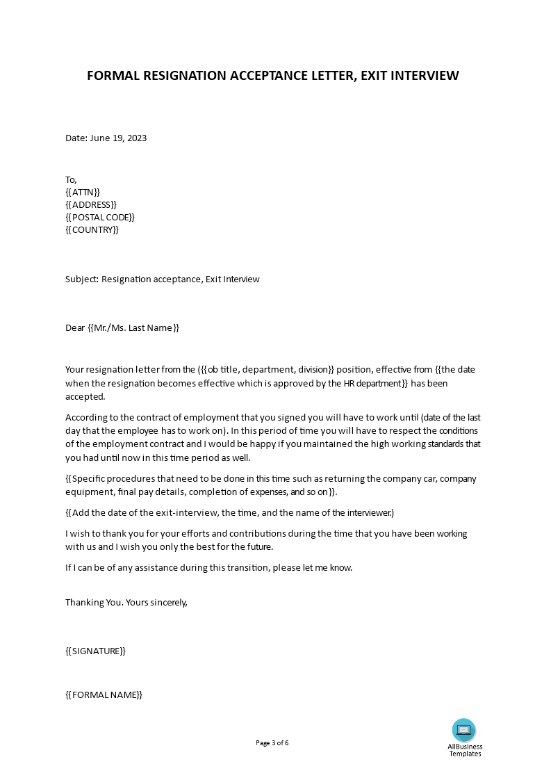 resignation acceptance letter format template