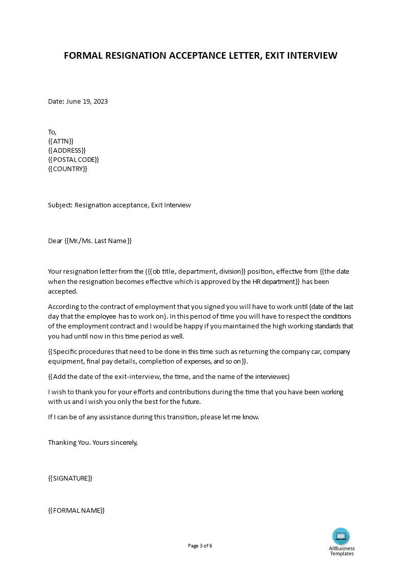 Resignation Acceptance Letter Format main image