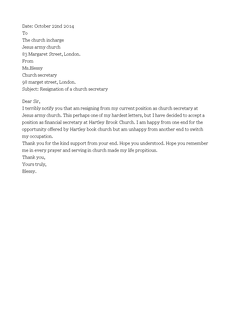 church secretary resignation letter template