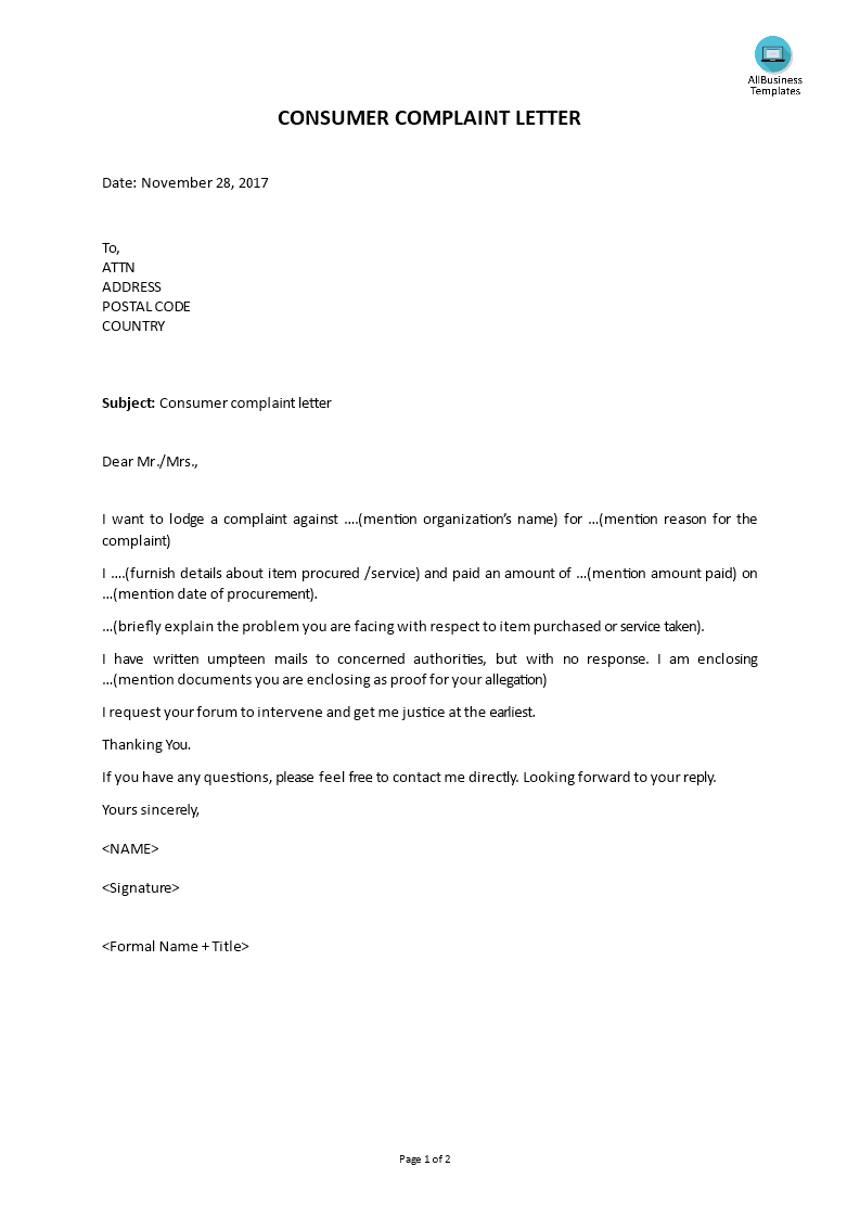 consumer complaint letter voorbeeld afbeelding 