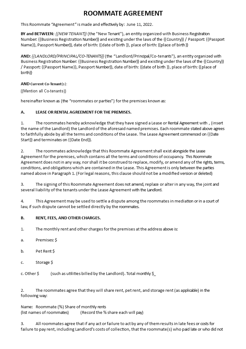 new roommate contract template