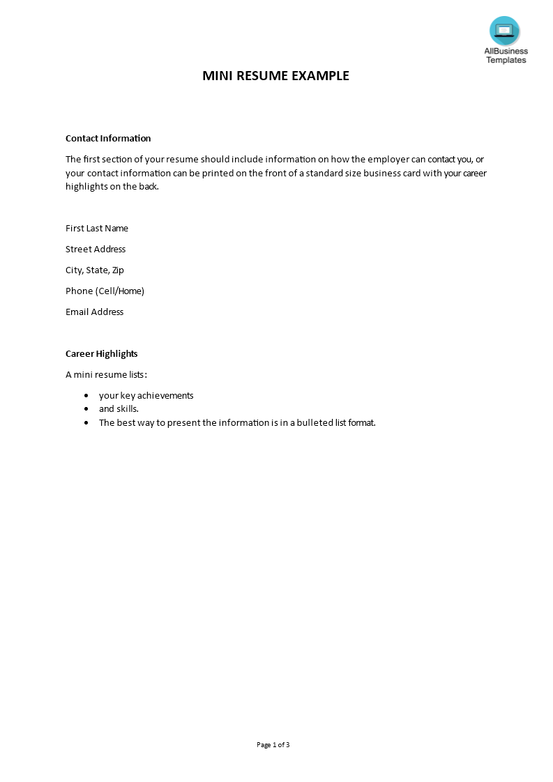 mini cv template template