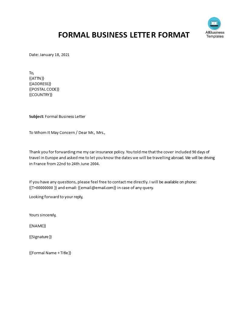 Kostenloses Formal Business Letter in Word