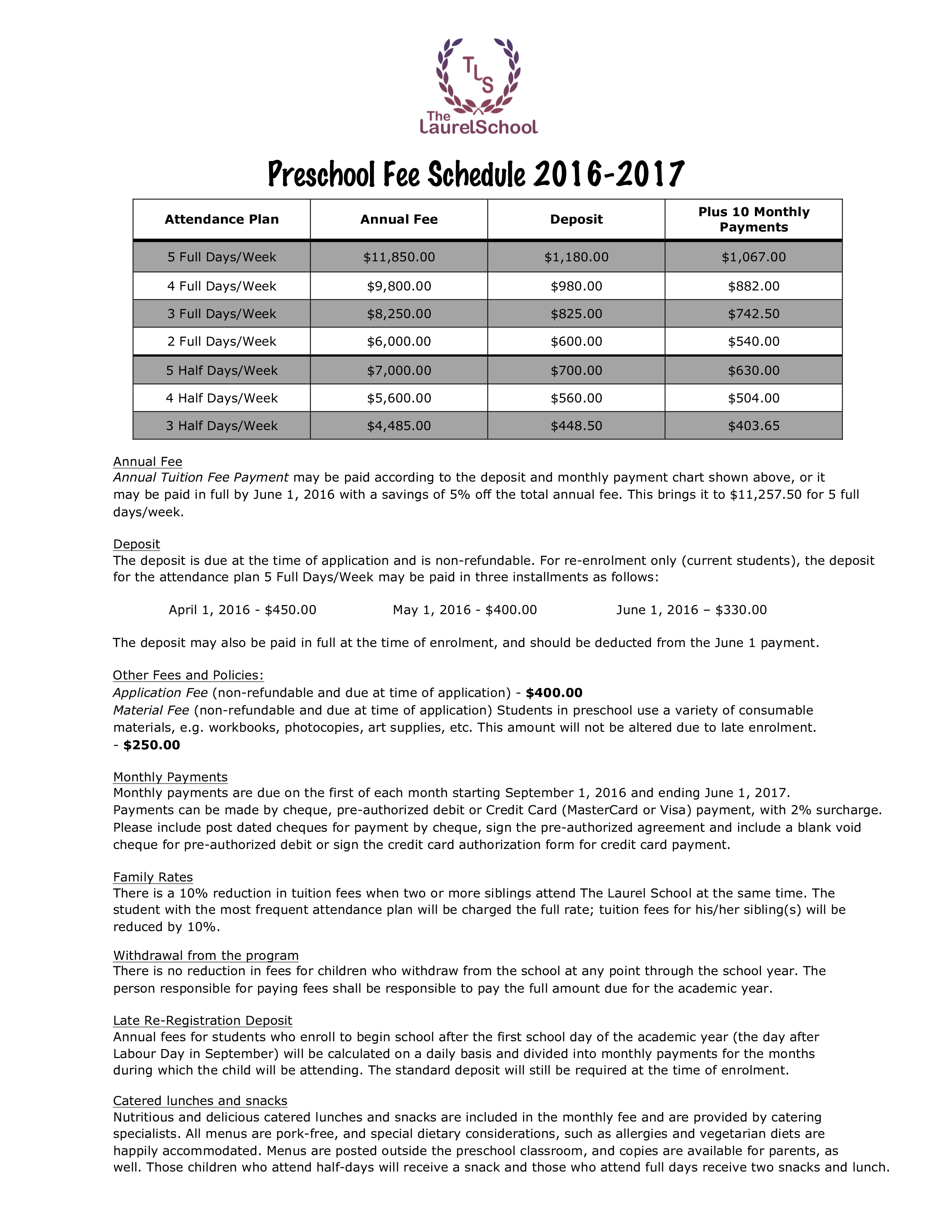 Preschool Fee Schedule 模板