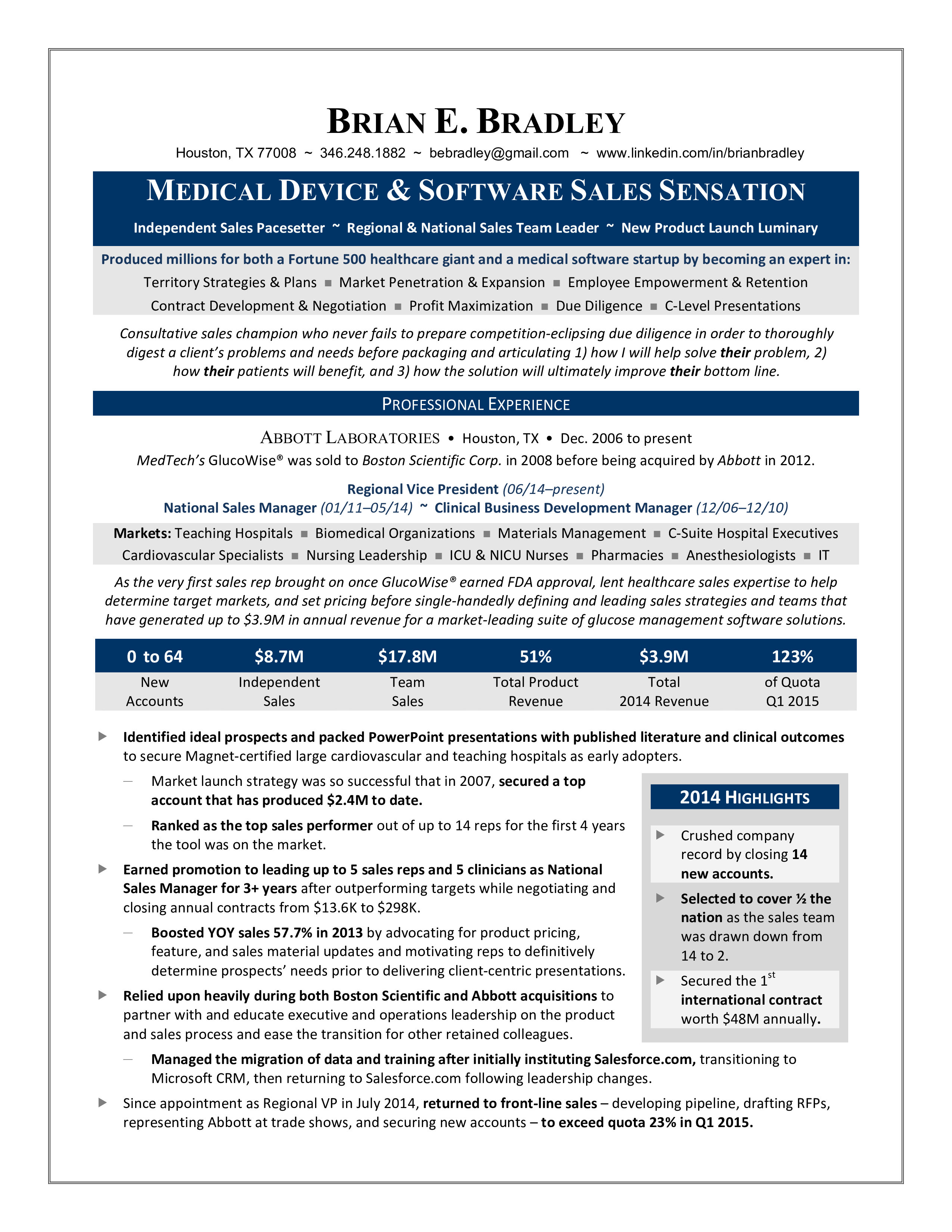 Medical Sales Manager Resume main image