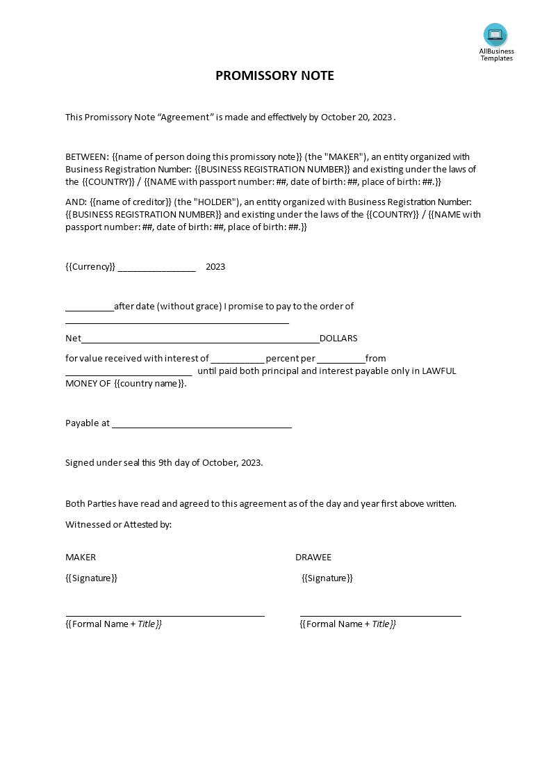 Promissory Note Template - Premium Schablone In promise to pay agreement template