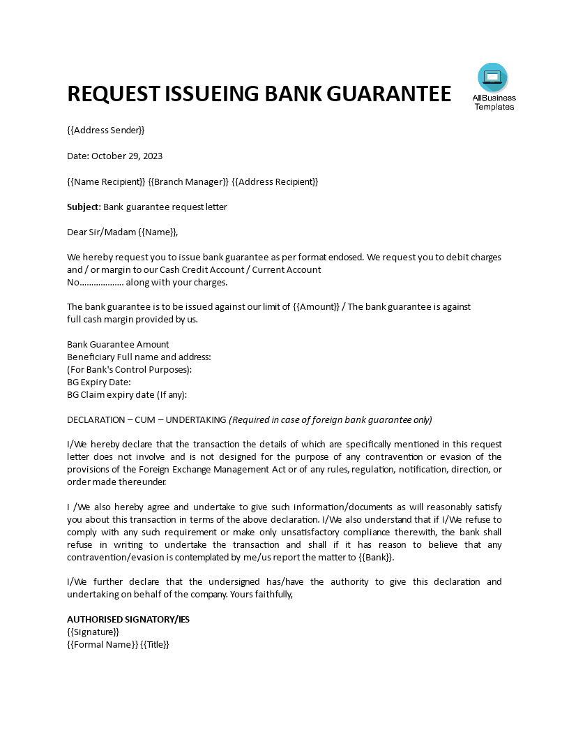 bank guarantee letter template