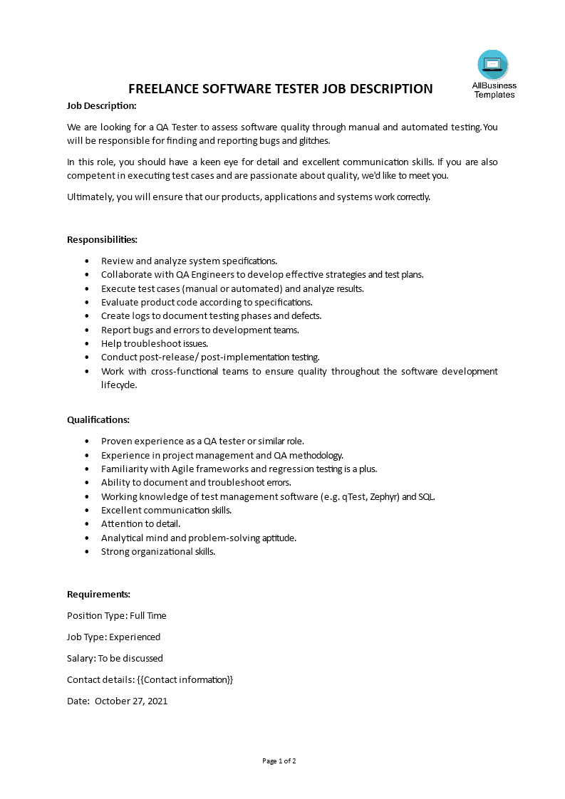 freelance software tester job description template