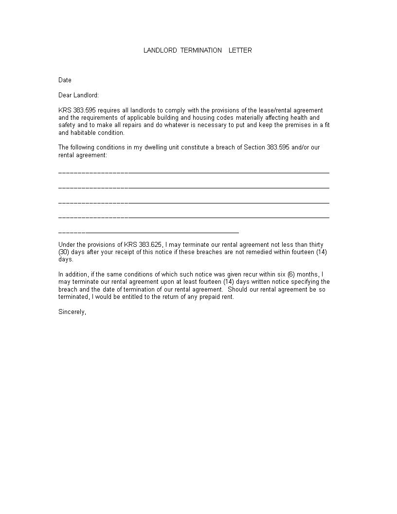 sample landlord termination letter template