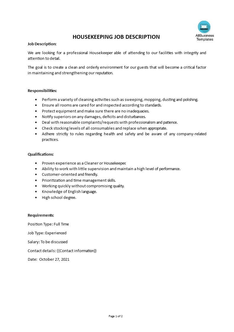 Housekeeping Job Description main image