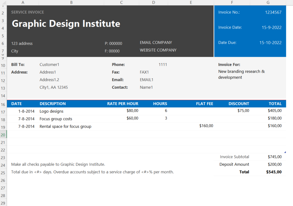 excel service invoice voorbeeld afbeelding 