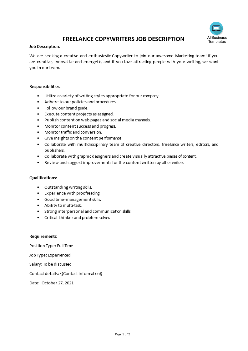 Freelance Copywriters Job Description main image