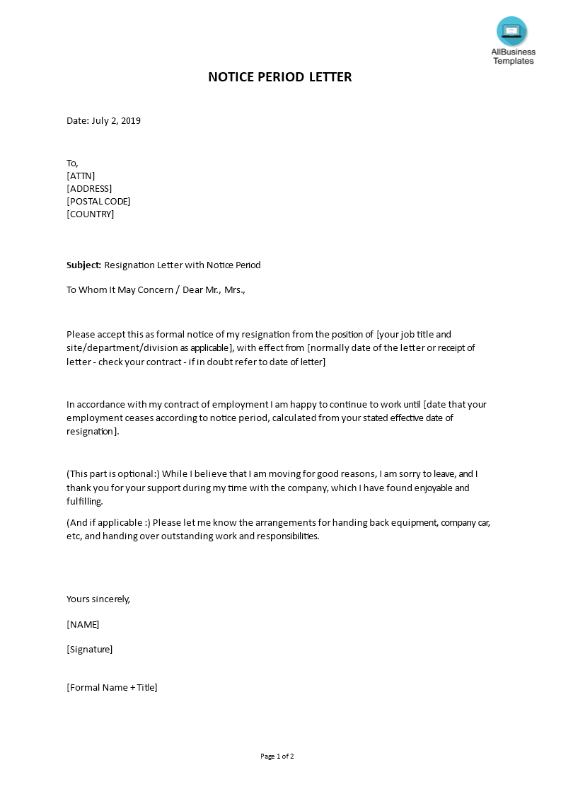 Handing In Your Notice Template PDF Template