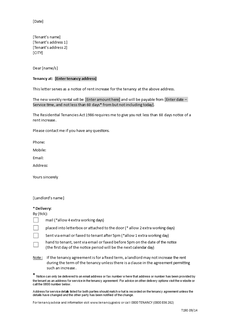 rate increase notice letter template