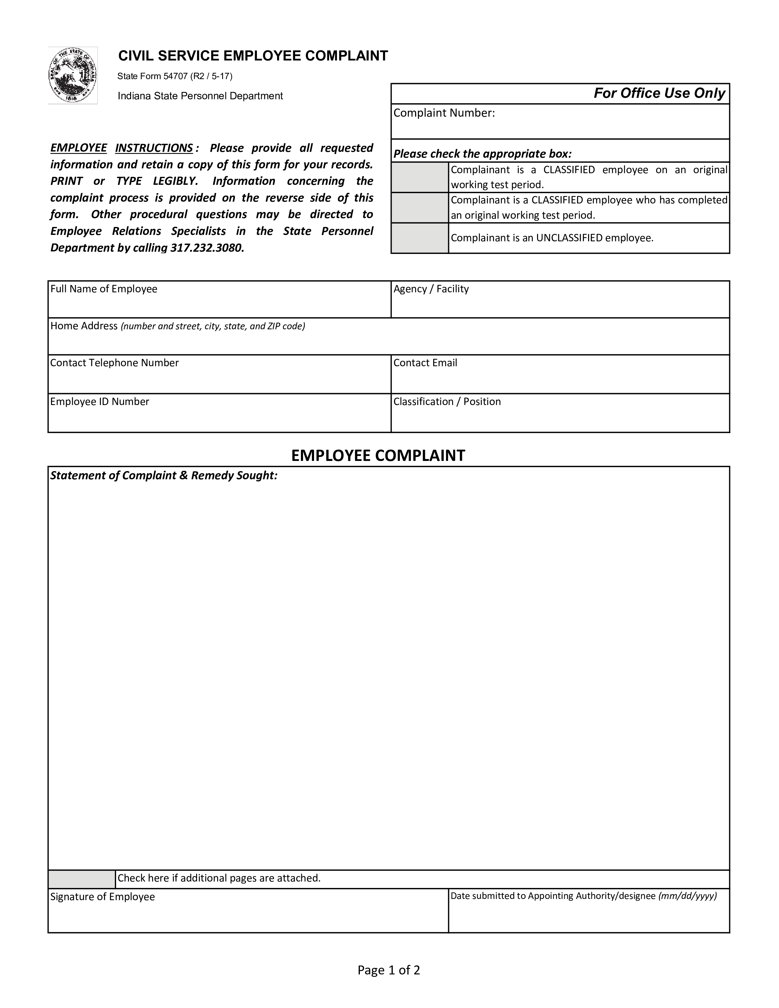 civil service employee complaint template