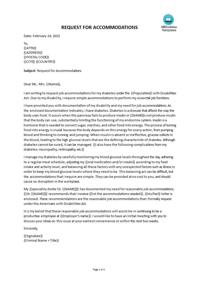 letter of request for accommodation template